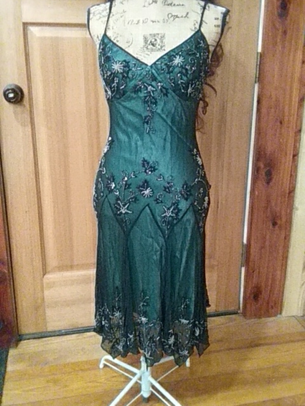 Adrianna Papell Emerald Green Beaded Midi Slip Dress